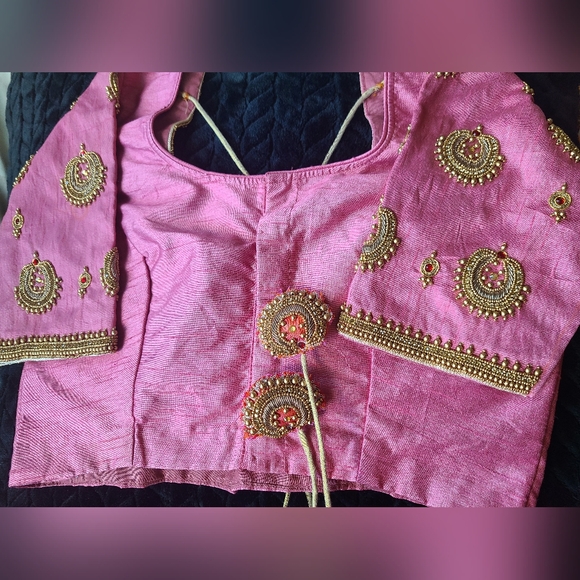 New Handmade Custom Pink Raw Silk Gold Saree Blouse with Maggam Work - Picture 5 of 5
